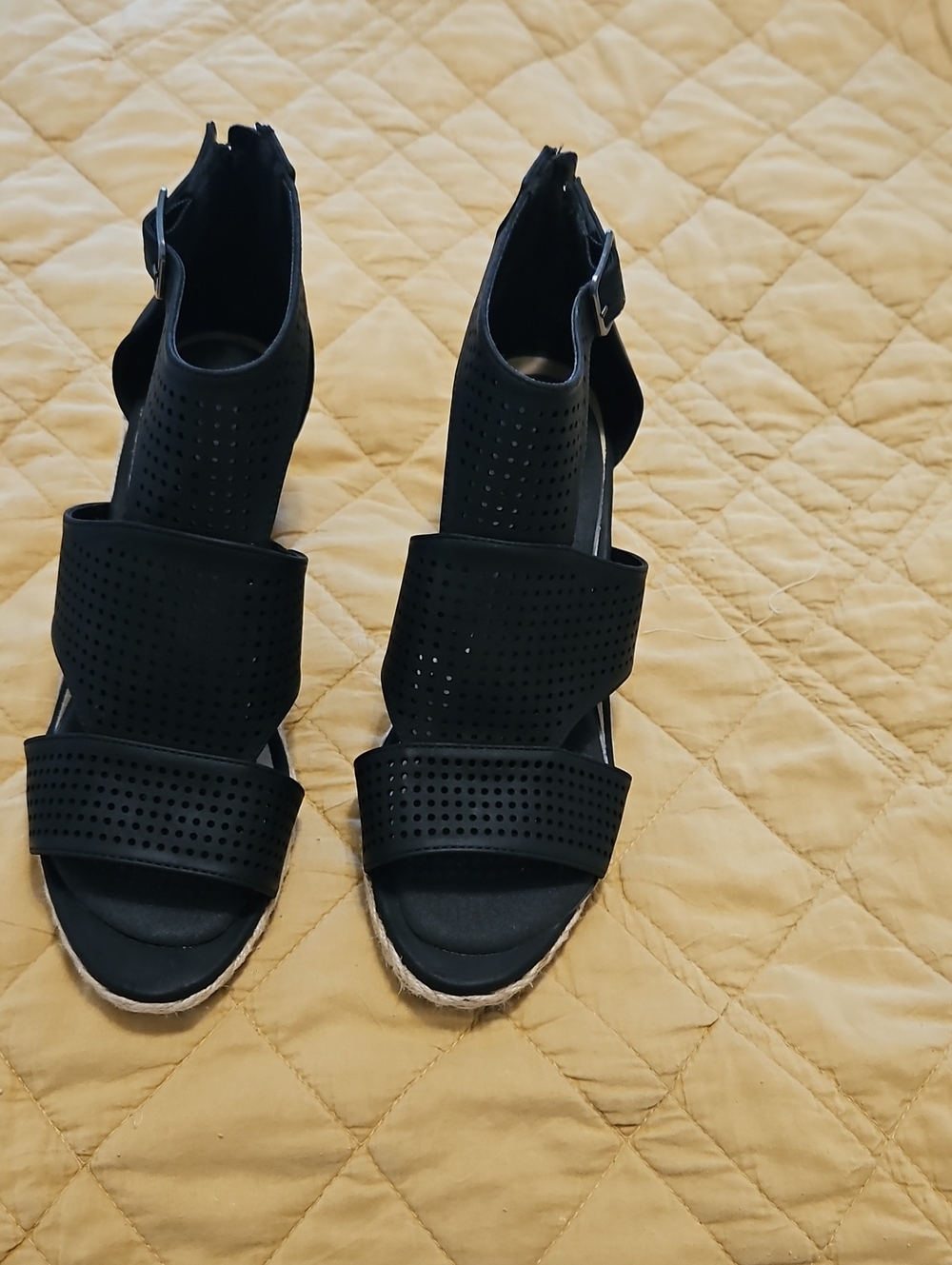 easy street Black Perforated Strappy Wedge Sandals